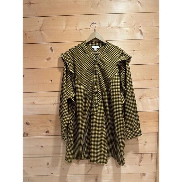 Topshop Textured Check Ruffle Mini Shirt Dress Mustard Sz 14 EUC - Picture 3 of 13
